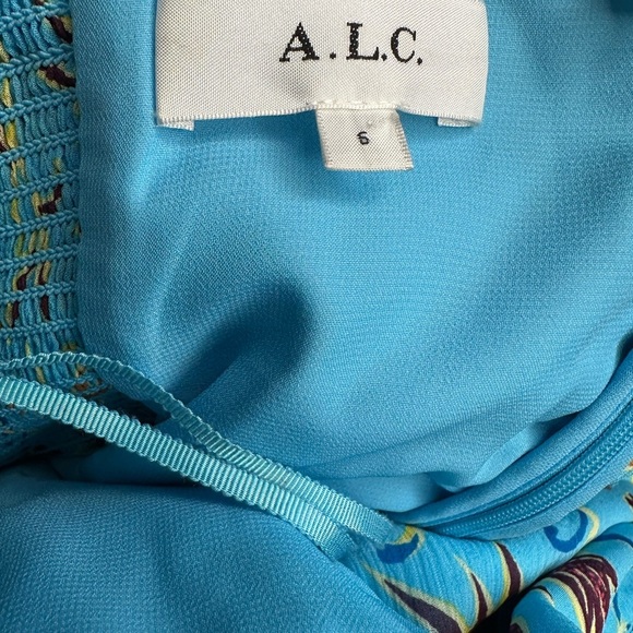 A.L.C. VIOLET BLUE TEAL SILK PRINTED HALTER SLEEVELESS ASYMMETRIC MIDI DRESS - Picture 9 of 9